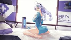 1girl ahoge artist_request bare_legs barefoot bed benghuai_xueyuan black_hairband blue_eyes blush bottomless braid chameleon commentary english_commentary english_text from_side full_body hair_ornament hairband hairclip hand_up honkai_(series) hospital_gown kiana_kaslana long_hair long_sleeves looking_at_viewer looking_back looking_to_the_side official_art on_bed pillow sitting soles solo third-party_source twin_braids wariza wavy_mouth white_hair