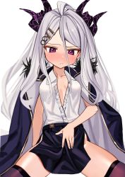 1girl black_coat black_skirt black_thighhighs blue_archive blush breasts closed_mouth coat coat_on_shoulders fur_collar hair_between_eyes hair_ornament hand_on_own_stomach highres hina_(blue_archive) horns long_hair multiple_horns purple_eyes shirt silver_hair simple_background skirt small_breasts solo spread_legs thighhighs very_long_hair white_background white_shirt wokamiya