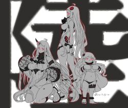 3girls abyssal_ship airfield_princess ass barefoot blush boots breasts claws clothes_lift commentary_request dress dress_lift highres horns kantai_collection kneeling large_breasts lifting_own_clothes limited_palette long_hair mittens multiple_girls nail_polish northern_ocean_princess oso_(toolate) panties parted_lips red_eyes ribbed_dress seaport_princess sideboob single_horn sleeveless sleeveless_dress standing toenail_polish toenails twitter_username underwear very_long_hair