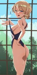 1girl absurdres black_one-piece_swimsuit blonde_hair blue_eyes blue_sky braid breasts clothes_pull commentary_request darjeeling_(girls_und_panzer) forest from_side girls_und_panzer half-closed_eyes hand_on_own_hip hand_under_clothes hand_under_swimsuit highres jinguu_(4839ms) large_breasts looking_at_viewer nature naughty_face one-piece_swimsuit one-piece_swimsuit_pull open_mouth pulling_own_clothes sky smile swimsuit teasing wedgie window
