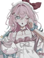 1girl :o aqua_eyes aqua_hair collarbone dress honkai:_star_rail honkai_(series) hyacine_(honkai:_star_rail) hyacine_(sweet_slumber)_(honkai:_star_rail) little_ica_(honkai:_star_rail) long_hair multicolored_hair official_alternate_costume pink_hair rubbing_eyes rurusorachan scrunchie simple_background sleepwear twitter_username two-tone_hair upper_body waking_up white_background white_dress wrist_scrunchie