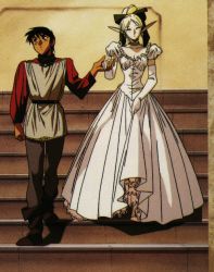 1990s_(style) 1boy 1girl boots closed_eyes clothes_lift deedlit dress dress_lift earrings elbow_gloves elf formal_clothes frills gloves gown hetero holding_hands jewelry necklace non-web_source parn_(lodoss) pointy_ears record_of_lodoss_war retro_artstyle skirt_hold stairs yuuki_nobuteru