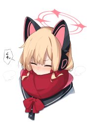 1girl animal_ear_headphones animal_ears blonde_hair blue_archive blush bow buttons cat_ear_headphones cat_ears check_commentary closed_eyes commentary_request covered_mouth cropped_shoulders fake_animal_ears hair_bow halo headphones highres jacket low-tied_sidelocks momoi_(blue_archive) multicolored_jacket nose_blush parted_bangs pink_halo pink_jacket red_bow red_scarf scarf sidelocks simple_background sneezing solo speech_bubble translation_request upper_body white_background white_jacket winter_clothes yoimura