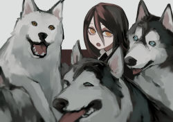 1girl animal black_hair blue_eyes chainsaw_man closed_eyes dog hair_between_eyes highres husky looking_at_viewer medium_hair mole mole_under_eye nakano_(2_mannaka) nayuta_(chainsaw_man) open_mouth ringed_eyes sharp_teeth simple_background teeth tongue tongue_out two-tone_background white_background yellow_eyes