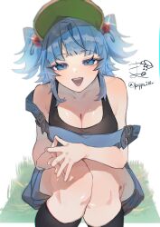 1girl :d absurdres bare_shoulders black_tank_top blue_eyes blue_hair blunt_bangs blush breasts cleavage collarbone commentary_request double_strap_slip eyelashes glint grass hair_bobbles hair_ornament happy highres kappa_mame kawashiro_nitori kneehighs knees knees_together_feet_apart large_breasts long_hair looking_at_viewer open_mouth overalls signature simple_background smile socks solo squatting steepled_fingers tank_top touhou two_side_up white_background