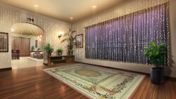Rule 34 | bead curtain, ceiling light, chair, couch, fairy lights, highres, living room, lobby, night, no humans, non-web source, official art, our life, our life: beginnings and always, photo (object), plant, potted plant, rug, scenery, string, tile floor, tiles, wooden floor