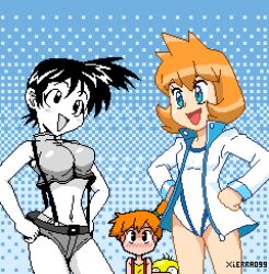 3girls asymmetrical_hair black_hair blush breasts chibi denim denim_shorts gen_1_pokemon green_eyes gym_leader hands_on_own_hips huge_breasts jacket large_breasts legs looking_at_viewer misty_(pokemon) multiple_girls multiple_persona navel nintendo one-piece_swimsuit open_mouth orange_hair pokemon pokemon:_the_electric_tale_of_pikachu pokemon_(anime) pokemon_(classic_anime) pokemon_hgss ponytail psyduck shirt short_hair short_shorts shorts side_ponytail smile standing suspender_shorts suspenders swimsuit thighs white_one-piece_swimsuit xierra099 yellow_shirt
