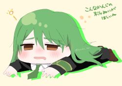 1boy black_coat blush chibi chibi_only coat collared_shirt drop_shadow drunk green_arm green_hair green_necktie hair_between_eyes highres kyouka_tori lobotomy_corporation long_hair lying male_focus necktie netzach_(project_moon) nose_blush on_ground on_stomach outstretched_arms project_moon reaching shirt solo very_long_hair white_background white_shirt