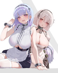 2girls :o absurdres anchor_symbol apron arm_support azur_lane black_dress blush breasts classic_(zildjian33) cleavage clothing_cutout dido_(azur_lane) dress frilled_apron frilled_dress frilled_hairband frills hairband highres large_breasts looking_at_viewer maid maid_apron mixed-language_commentary multiple_girls open_mouth pink_eyes purple_eyes red_eyes simple_background sirius_(azur_lane) sitting sleeveless sleeveless_dress smile thighs underboob underboob_cutout white_apron white_background white_hair