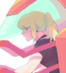 1boy alternate_hair_length alternate_hairstyle black_shirt blonde_hair colored_eyelashes commentary_request eyelashes highres kome_1022 lio_fotia looking_back male_focus mecha open_mouth pink_eyes ponytail profile promare robot shirt short_sleeves solo upper_body white_background