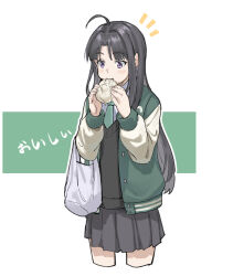 1girl ahoge awa_subaru bag black_hair black_sweater commentary eating food girls_band_cry green_jacket green_necktie grey_skirt holding holding_food jacket joker_(jjjokerrr233) long_hair long_sleeves necktie open_clothes open_jacket parted_bangs pleated_skirt shirt shopping_bag sidelocks simple_background skirt solo steamed_bun sweater translated white_background white_shirt