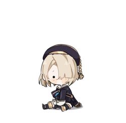 Rule 34 | 1boy, absurdres, beret, black eyes, black gloves, blonde hair, blush, chibi, closed mouth, freminet (genshin impact), full body, genshin impact, gloves, hair over one eye, hat, highres, long sleeves, looking at viewer, male focus, nya deko, short hair, simple background, sitting, solid circle eyes, solo, white background