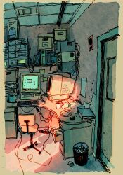Rule 34 | alariko, ashtray, chair, computer keyboard, cup, desk, door, highres, indoors, interior, monitor, no humans, office chair, original, shadow, swivel chair, trash can