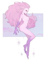 1girl alternate_form border breasts claws colored_skin crescent_moon final_fantasy final_fantasy_vi floating highres long_hair magicite medium_breasts mekyo monster_girl moon nude pink_hair pink_skin pointy_ears purple_skin red_eyes solo sparkle tina_branford trance_terra_branford transformation white_background