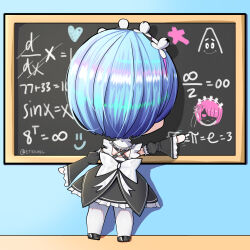 1girl absurdres black_dress black_shoes black_sleeves blue_hair bow chalkboard chibi dress erikkuyc hairband highres leggings looking_to_the_side maid math non-web_source ram_(re:zero) re:zero_kara_hajimeru_isekai_seikatsu rem_(re:zero) self-upload shoes short_hair white_bow white_hairband white_leggings writing