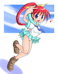 1girl blue_eyes blue_neckerchief blue_skirt blush breasts brown_footwear cloud hair_ribbon hana_(pangya) heart long_hair looking_at_viewer marinba neckerchief open_mouth pangya panties ponytail red_hair ribbon school_uniform shirt shoes short_sleeves skirt sky small_breasts smile standing standing_on_one_leg underwear w white_background white_panties white_shirt wind wind_lift winged_footwear yellow_ribbon