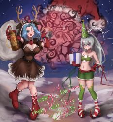 Rule 34 | 1boy, 2025, 2girls, animal costume, antenna hair, antlers, bikini, bloomkoffer, blue eyes, blue hair, boots, box, breasts, brown dress, cleavage, commentary, dress, english commentary, english text, gift, gift box, green skirt, grey hair, happy new year, hat, highres, horns, kumoi ichirin, large breasts, long hair, merry christmas, mononobe no futo, multiple girls, new year, night, one eye closed, outdoors, ponytail, red shoes, reindeer, reindeer antlers, reindeer costume, santa bikini, santa costume, santa hat, shoes, skirt, small breasts, star (sky), striped shoes, swimsuit, teeth, touhou, unzan