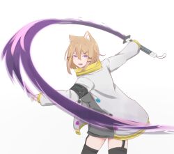 1girl animal_ear_fluff animal_ears arknights black_thighhighs blonde_hair bright_pupils chinese_commentary commentary cowboy_shot fang garter_straps gradient_background grey_background grey_jacket hair_between_eyes hair_ornament hairclip highres holding holding_sword holding_weapon infection_monitor_(arknights) jacket long_sleeves looking_at_viewer magic neko_(solution1988) open_mouth purple_eyes short_hair slashing solo standing sword thighhighs utage_(arknights) weapon white_background white_pupils x_hair_ornament