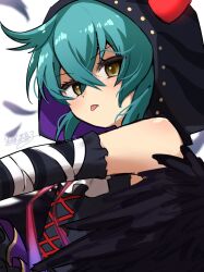 Rule 34 | 1girl, :p, alternate costume, arm ribbon, bare shoulders, black gloves, black hood, blush, bow, bowtie, elbow gloves, fake horns, frilled shirt, frills, gloves, green hair, highres, hood, hood up, hoodie, horns, kemono friends, lace-up top, mitorizu 02, official alternate costume, pink bow, pink bowtie, print hoodie, ribbon, shirt, short hair, sidelocks, sleeveless, snake girl, snake print, solo, striped clothes, striped gloves, tongue, tongue out, tsuchinoko (kemono friends), yellow eyes