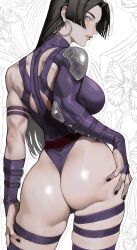 1girl absurdres armor ass back black_hair breasts earrings from_behind highleg highleg_leotard highres hoop_earrings jewelry lapefamm large_breasts leotard long_hair looking_at_viewer marvel marvel_rivals psylocke shoulder_armor solo superhero_costume thong_leotard x-men