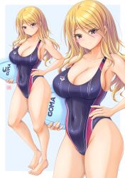 1girl absurdres bare_legs barefoot black_one-piece_swimsuit blonde_hair blue_background border breasts cleavage closed_mouth commentary_request competition_swimsuit covered_navel dark_skin full_body hair_between_eyes highleg highres holding_kickboard idolmaster idolmaster_shiny_colors izumi_mei kickboard large_breasts looking_at_viewer multiple_views one-piece_swimsuit purple_eyes simple_background smile standing swimsuit tan toes tong_shui white_border