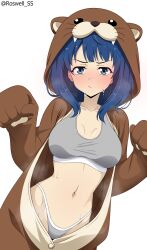 Rule 34 | 1girl, :/, absurdres, animegao, blue eyes, blue hair, blush, commentary, cosplay, grey panties, highleg, highleg panties, highres, hot, kigurumi, looking at viewer, make heroine ga oo sugiru!, mascot costume, medium hair, navel, otter costume, paid reward available, panties, paw pose, roswell ss, solo, sports bra, sweat, underwear, white background, yanami anna