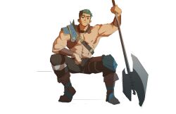 Rule 34 | 1boy, abs, absurdres, axe, bara, bare pectorals, battle axe, boots, bracer, dieck (fire emblem), fire emblem, fire emblem: the binding blade, green hair, highres, hoonzino, large pectorals, male focus, nintendo, nipples, pants, pectorals, scar, scar across eye, scar on face, short hair, simple background, sitting, sketch, weapon, white background