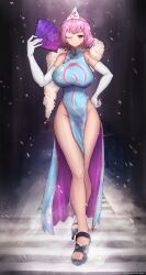 1girl ;) absurdres adapted_costume black_shoes bloomkoffer blue_dress breasts cherry_blossom_print china_dress chinese_clothes commentary contrapposto dress elbow_gloves english_commentary floral_print full_body fur_scarf gloves groin hand_fan hand_on_own_hip highres holding holding_fan large_breasts legs looking_at_viewer one_eye_closed pink_eyes pink_hair saigyouji_yuyuko scarf shoes short_hair smile solo stairs touhou triangular_headpiece white_gloves white_scarf