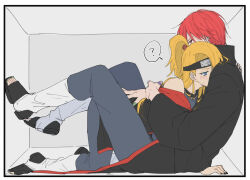 Rule 34 | 2boys, ?, akatsuki uniform, angry, bent over, black headband, black nails, blonde hair, blue eyes, blush, box, caught, deidara (naruto), embarrassed, forehead protector, green nails, hayamin35, headband, high ponytail, hug, jewelry, long hair, male focus, multiple boys, naruto (series), naruto shippuuden, open clothes, open robe, ponytail, red eyes, red hair, ring, robe, sasori (naruto), sitting, speech bubble, sweatdrop, yaoi