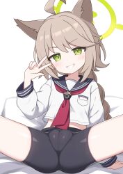 1girl absurdres ahoge animal_ears bike_shorts blue_archive brown_hair cameltoe feet_out_of_frame fox_ears fox_girl green_eyes green_halo halo highres loli long_braid long_sleeves neckerchief otogi_(blue_archive) school_uniform serafuku simple_background smile v zddma20