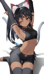 1girl absurdres animal_ear_fluff animal_ears armpits arms_up barcode black_gloves black_hair black_sports_bra black_thighhighs blush breasts cable cable_tail cat_ears cat_girl cat_tail dark-skinned_female dark_skin elbow_gloves facial_mark forehead_tattoo gloves highres long_hair mechanical_tail multiple_tails nekomiya_mana one_eye_closed ponytail red_eyes simple_background small_breasts solo sports_bra stomach tail thighhighs thomas_8000 toeless_legwear toes triangle triangle_facial_mark two_tails zenless_zone_zero