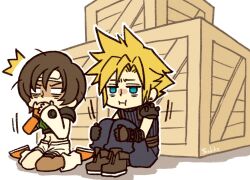 1boy 1girl armor artist_name asymmetrical_legwear baggy_pants belt blonde_hair blue_eyes blue_pants blue_shirt brown_belt brown_footwear brown_hair chibi cloud_strife covering_own_mouth crate crop_top earrings final_fantasy final_fantasy_vii furrowed_brow gloves green_shirt hair_between_eyes headband hugging_own_legs jewelry kneeling loose_socks messy_hair midriff moke_mokke open_fly orange_gloves orange_shoes pants shirt shoes short_hair shorts shoulder_armor sick single_bare_shoulder single_earring single_shoulder_pad sleeveless sleeveless_turtleneck socks spiked_hair suspenders turtleneck white_background white_eyes wooden_box yuffie_kisaragi