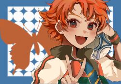 1girl argyle_background ball black_jacket blue_border blue_shirt blush border bug butterfly collared_jacket eyelashes happy high_collar highres holding holding_ball insect jacket jersey long_sleeves looking_at_viewer mer_(zo_no_00) messy_hair multicolored_jacket natsuki_rin open_clothes open_jacket open_mouth outside_border precure puffy_long_sleeves puffy_sleeves red_butterfly red_eyes red_hair red_jacket shirt short_hair single_stripe smile soccer_ball solo sportswear striped_clothes striped_shirt striped_wristband three-quarter_sleeves tomboy two-tone_jacket upper_body v white_background white_sleeves wristband yes!_precure_5