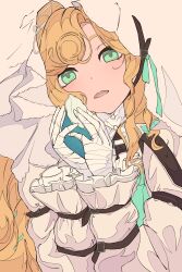 1girl absurdres aqua_eyes arm_belt bandaged_hand bandages blonde_hair conch dress highres holding holding_shell long_hair long_sleeves lorelei_(reverse:1999) parted_lips reverse:1999 shell solo upper_body veil white_dress white_veil xiao_jin_caoooooooi