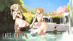 0x3 1boy 2girls :d alcohol alvis_hamilton bare_shoulders barefoot black_tank_top blonde_hair blue_eyes blue_sky blurry blurry_background bright_pupils claus_valca copyright_name crescent dress empty_eyes english_text flower forest highres knees last_exile lavie_head leaning_on_object looking_at_another medium_hair mountainous_horizon multiple_girls nature one_eye_closed open_mouth orange_hair pink_flower rock running short_hair simple_bird sky smile splashing stuffed_animal stuffed_toy tank_top tree vanship water waterfall white_dress white_pupils wine