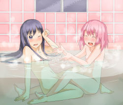 10s 2girls :d akemi_homura barefoot bathroom bathtub black_hair blue_eyes blush closed_eyes highres ka-9 kaname_madoka long_hair mahou_shoujo_madoka_magica mahou_shoujo_madoka_magica_(anime) multiple_girls nude one_eye_closed open_mouth pink_hair purple_eyes short_hair sitting smile splashing water window wink yuri