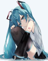 1girl :t aqua_eyes aqua_hair aqua_nails black_skirt blush boots closed_mouth detached_sleeves grey_shirt hair_between_eyes hair_ornament hatsune_miku highres long_hair long_sleeves looking_at_viewer miniskirt pleated_skirt pout shirt simple_background skirt sleeveless sleeveless_shirt solo tears thigh_boots very_long_hair vocaloid wide_sleeves yuni_(irohasuiroiro)