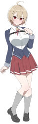1girl absurdres ahoge aoyagi_(888) black_shoes blazer blonde_hair blue_jacket blush breasts chest_belt collared_shirt commentary_request curled_fingers eyebrows_hidden_by_hair framed_breasts full_body grey_socks hair_ornament hairpin hand_on_own_chest highres jacket kawai_ritsu_(rits_meg) kneehighs loafers long_sleeves looking_at_viewer medium_breasts miniskirt neck_ribbon original pleated_skirt red_eyes red_ribbon red_skirt ribbon school_uniform shirt shoes short_hair sidelocks simple_background skirt smile socks solo underbust white_background