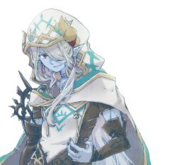 1boy another_eden black_nails black_shirt blue_skin cape colored_skin commentary_request crystal demon_boy demon_horns detached_sleeves fingernails gem gold_horns gold_trim grey_hair grin hair_over_one_eye hatching_(texture) head_down high_collar hood hood_up hooded_cape horns horns_through_hood linear_hatching long_hair long_pointy_ears long_sleeves looking_at_viewer male_focus michibata_65 multicolored_cape multicolored_shirt nail_polish one_eye_covered open_mouth parted_bangs pointy_ears red_eyes red_gemstone shirt short_sleeves simple_background sleeves_past_wrists smile solo standing upper_body white_background white_cape white_shirt zeviro_(another_eden)