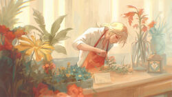 1boy alternate_costume apron blonde_hair casual collared_shirt flower flower_pot gardening genshin_impact indoors kaveh_(genshin_impact) lamp male_focus plant potted_plant red_apron red_eyes shi_(shi_zumii) shirt slice_of_life vase white_shirt window