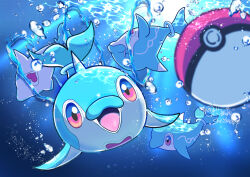 Rule 34 | absurdres, air bubble, aqua ring (pokemon), artist name, blue eyes, bubble, caustics, closed eyes, closed mouth, commentary, dolphin, highres, looking at object, multicolored eyes, nintendo, no humans, open mouth, palafin, palafin (zero), poke ball, poke ball (basic), pokemon, pokemon (creature), pokemon move, red eyes, sheyona, smile, sun, sunlight, two-tone eyes, underwater, water