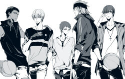 5boys adjusting_eyewear aomine_daiki ball basketball_(object) chain character_request check_character closed_mouth collarbone collared_shirt cowboy_shot cross cross_necklace denim denim_shorts expressionless eyelashes fingerless_gloves glasses gloves hair_between_eyes hand_in_pocket hand_on_another&#039;s_shoulder hand_on_eyewear hand_on_own_chest hand_on_own_hip headband high_collar holding holding_another&#039;s_arm holding_ball jacket jeans jewelry kise_ryouta kuroko_no_basuke kuroko_tetsuya lapels light_frown light_smile long_sleeves looking_at_viewer looking_to_the_side male_focus medium_hair midorima_shintarou multiple_boys murasakibara_atsushi necklace necktie notched_lapels open_clothes open_jacket pants pocket shirt shirt_under_sweater shorts simple_background sleeve_cuffs sleeveless sleeveless_shirt sleeves_rolled_up standing striped_clothes striped_shirt sweater thick_eyebrows track_jacket white_background wristband zmore