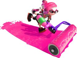 1boy 3d absurdres black_pants black_shoes colored_shoe_soles comb_over dynamic_pose eye_mask full_body glasses gradient_hair grin highres holding holding_weapon ink_tank_(splatoon) inkling inkling_boy inkling_player_character kensaki_(splatoon) looking_ahead moccasins multicolored_hair nintendo official_art orange_eyes pale_skin pants pink_hair shirt shoes short_hair short_sleeves shorts smile solo splat_roller_(splatoon) splatoon_(series) splatoon_2 spotted_hair suction_cups tentacle_hair thick_eyebrows transparent_background two-tone_hair v-shaped_eyebrows weapon