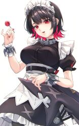1girl absurdres apron black_dress black_hair black_pantyhose bracelet breasts candy collar colored_inner_hair cowboy_shot dress ellen_joe fins fish_tail food hair_ornament hairband hairclip highres holding holding_candy holding_food holding_lollipop holding_own_tail jewelry lollipop looking_at_viewer maid maid_apron maid_headdress medium_breasts metal_collar metal_hairband mole mole_on_arm mole_under_eye multicolored_hair nail_polish nameko_houshi pantyhose parted_lips red_eyes red_hair red_nails scar scar_on_tail shark_girl shark_tail sharp_teeth short_hair simple_background solo spiked_bracelet spiked_collar spiked_hairband spikes standing tail teeth upper_teeth_only white_apron white_background wrist_cuffs x_hair_ornament zenless_zone_zero