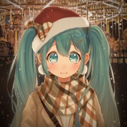 1girl alternate_costume amd_aoneko aqua_eyes aqua_hair belt belt_buckle black_belt blush bow brown_bow brown_coat brown_scarf buckle christmas closed_mouth coat commentary_request crossed_bangs double-parted_bangs earrings hair_between_eyes hair_ornament hat hatsune_miku highres jewelry long_hair looking_at_viewer pom_pom_(clothes) pom_pom_earrings santa_hat scarf snow solo straight-on twintails upper_body vocaloid