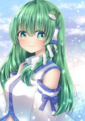 1girl bare_shoulders breasts closed_mouth collared_shirt detached_sleeves dot_nose frog_hair_ornament green_eyes green_hair hair_ornament hair_tubes highres kochiya_sanae large_breasts light_blush long_hair long_sleeves looking_at_viewer midriff_peek patterned_clothing ribbon-trimmed_sleeves ribbon_trim shirt single_hair_tube single_sidelock sleeve_bow sleeveless sleeveless_shirt snake_hair_ornament solo touhou upper_body wide_sleeves wing_collar yuuki_hana_(jtnp5334)