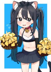 1girl absurdres animal_ear_fluff animal_ears bare_shoulders bell black_gloves black_hair black_skirt blue_background blush border breasts cat_ears cat_girl cat_tail cheerleader collar commentary_request cowboy_shot flying_sweatdrops gloves hair_between_eyes highres holding holding_pom_poms jingle_bell long_hair looking_at_viewer miniskirt navel neck_bell open_mouth original outside_border pleated_skirt pom_pom_(cheerleading) pom_poms red_collar skirt small_breasts smile solo sparkle standing tail twintails white_border yabasoba