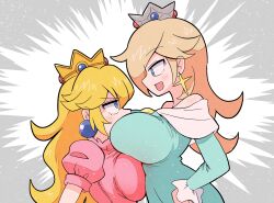 2girls asymmetrical_docking between_breasts blonde_hair blue_dress blue_eyes blush breast_press breasts crown dress earrings face_between_breasts glaring head_between_breasts highres huge_breasts jewelry kurachi_mizuki large_breasts mario_(series) mini_crown multiple_girls nintendo pink_dress princess_peach rosalina smile sphere_earrings star_(symbol) star_earrings