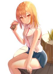 1girl alternate_costume bare_arms blonde_hair blue_skirt blush bra bra_peek cellphone closed_mouth collared_shirt commentary_request feet_out_of_frame hand_up highres holding holding_phone isshiki_iroha light_smile looking_at_viewer medium_hair miniskirt phone shiina_aoi shirt sitting skirt sleeveless sleeveless_shirt smartphone solo thighs underwear white_shirt yahari_ore_no_seishun_lovecome_wa_machigatteiru. yellow_eyes