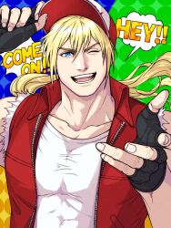 Rule 34 | 1boy, adjusting clothes, adjusting headwear, arm up, baseball cap, black gloves, blonde hair, blue eyes, collared jacket, covered abs, covered pectorals, diamond (shape), double-parted bangs, english text, fatal fury, finger gun, fingernails, floating hair, gloves, hair between eyes, hat, highres, jacket, long hair, male focus, one eye closed, open mouth, pectorals, red jacket, shirt, sleeveless, sleeveless jacket, solo, speech bubble, teeth, terry bogard, tight clothes, tongue, torn clothes, torn sleeves, unzipped, upper body, white shirt, wing collar, xciidea, zipper
